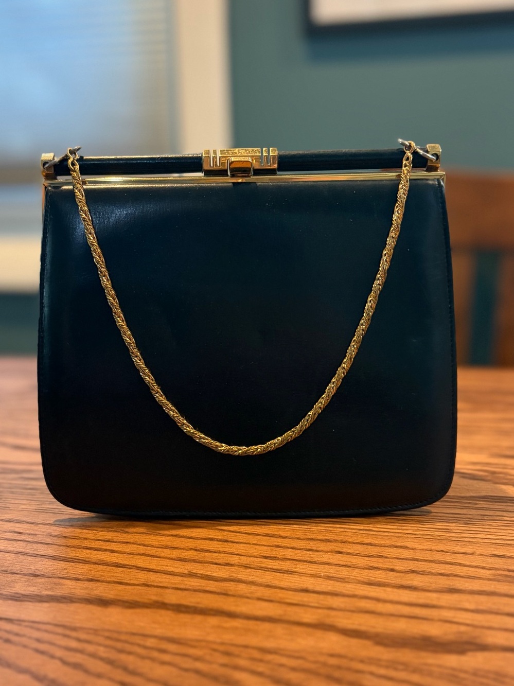Nicholas Reich Vintage Classic Black Leather Handbag with Gold Chain